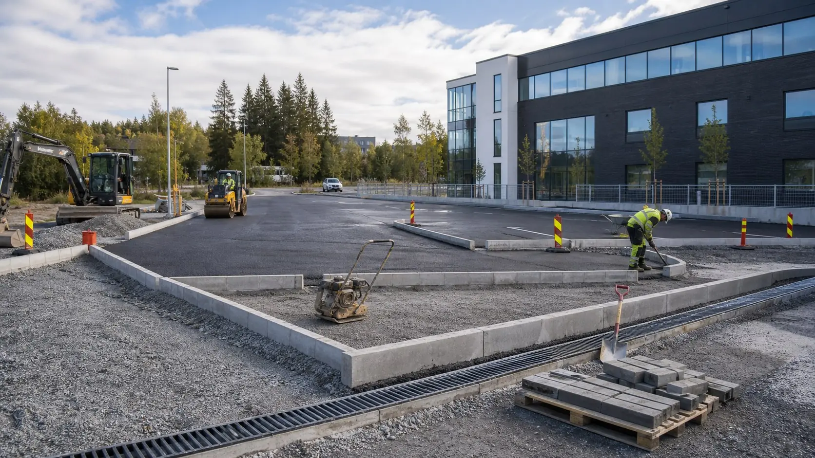 Opparbeidelse av parkeringsplass med kantstein, drenering og asfaltforberedelse