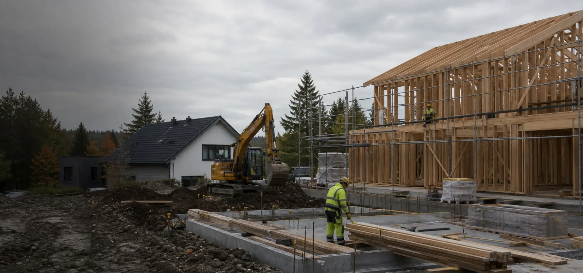 Byggeplass med trekonstruksjon, fundament og grunnarbeid