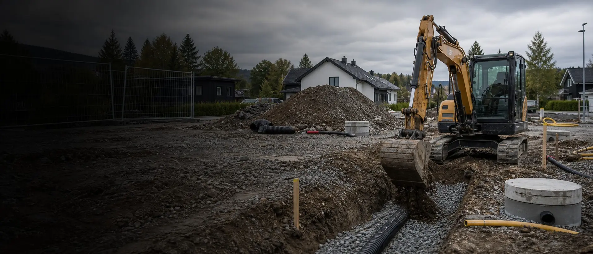 Gravemaskin i arbeid på byggeplass med norsk skog og fjell i bakgrunnen