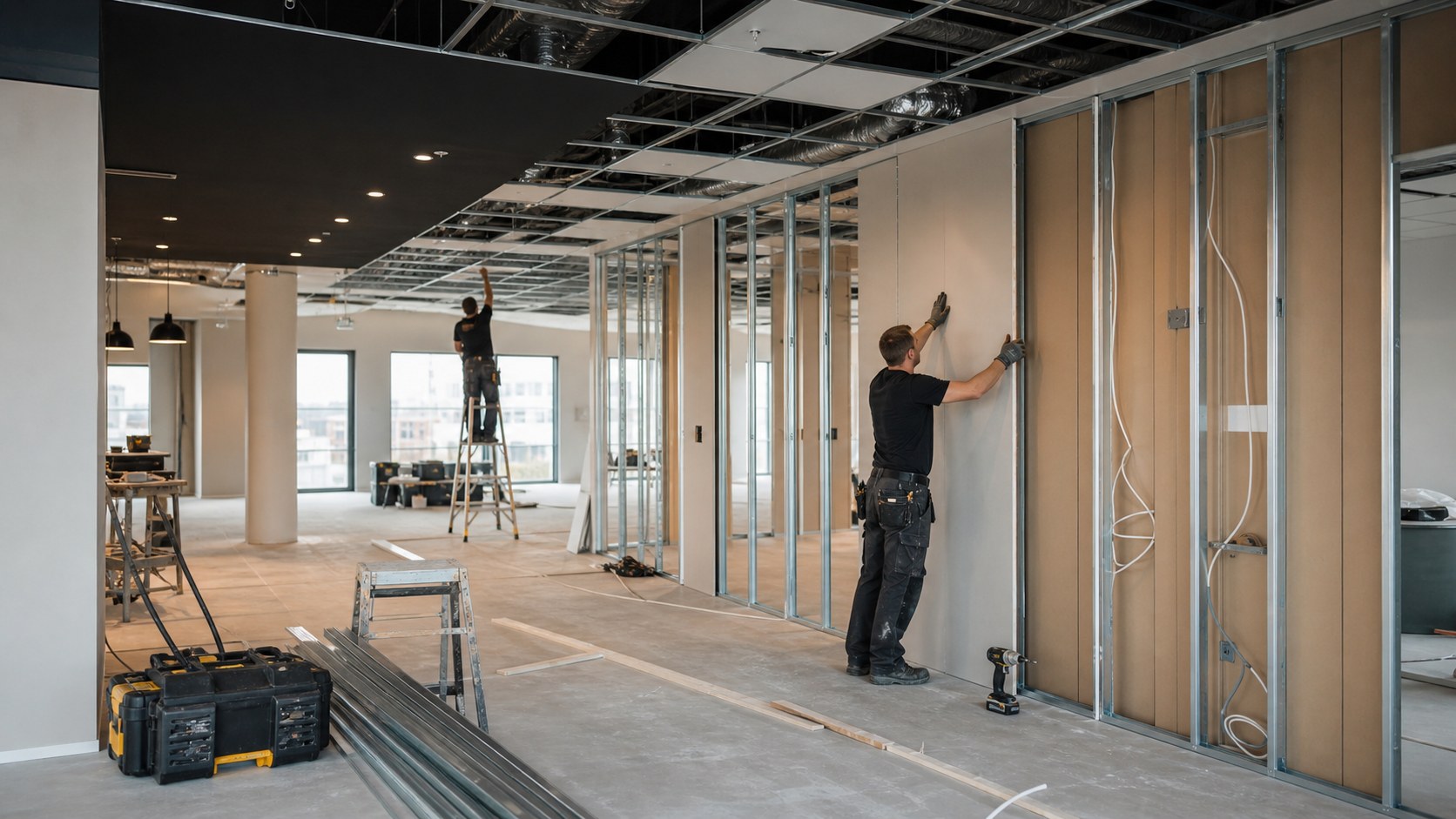 Renovering av moderne kontorlokale med lettvegger og himlingsarbeid