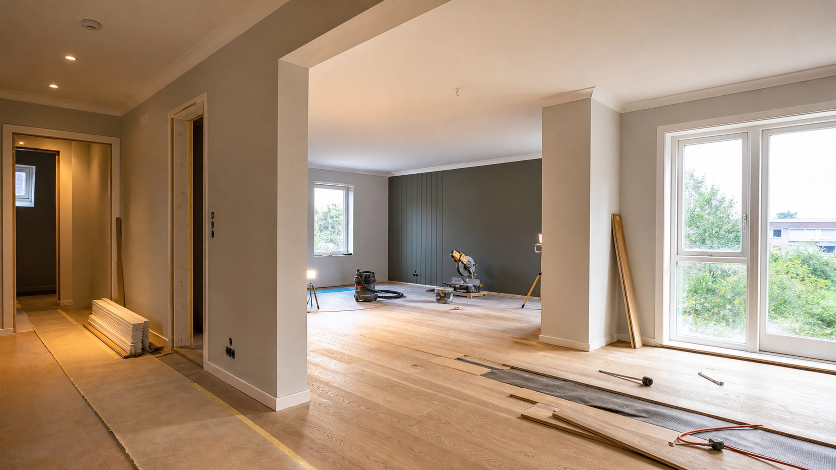 Leilighet under oppussing med nytt gulv, malte vegger og ryddig arbeidsområde
