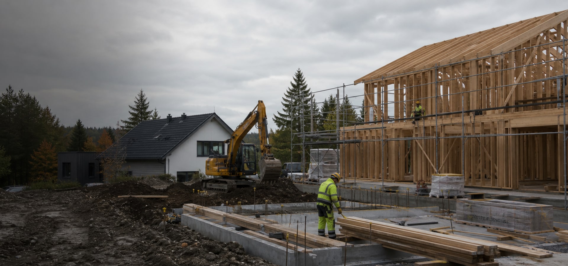 Byggeplass med trekonstruksjon og fundament på Romerike