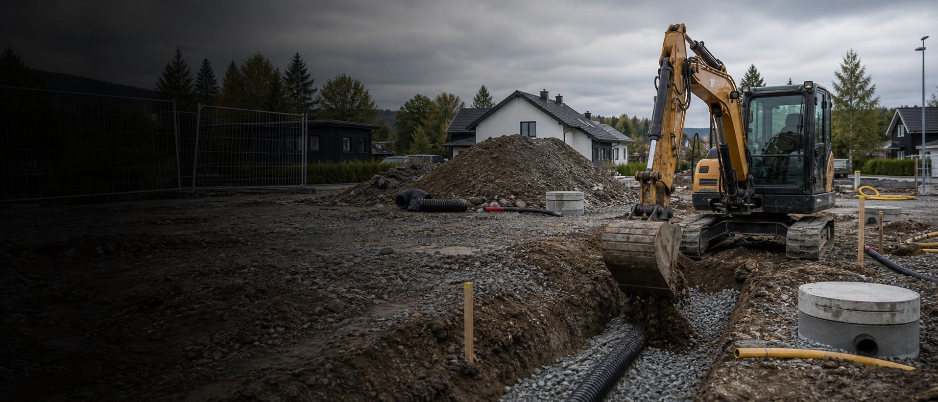 Gravemaskin i arbeid på byggeplass med norsk skog og fjell i bakgrunnen